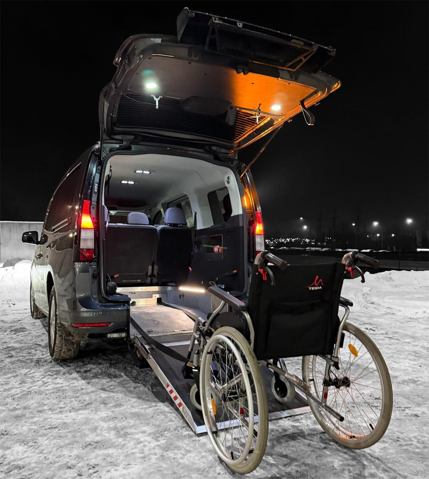 Volkswagen, the rear view and the rear door for the disabled people